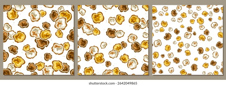 Vector Assorted Popcorn seamless patterns, 3 decorative backgrounds with popcorn for kids bed linen, 3 square placards with group of delicious popcorn kernels for home interior on white background