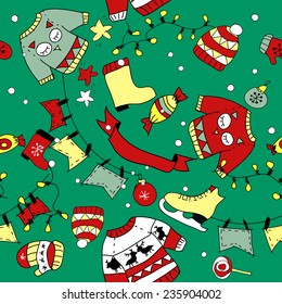 Vector assorted winter doodles background, seamless pattern