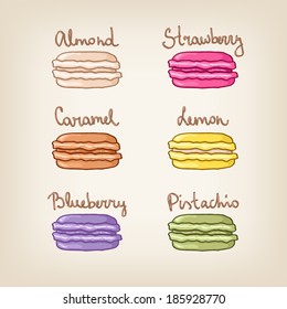 Vector assortment of colorful macarons with different flavors