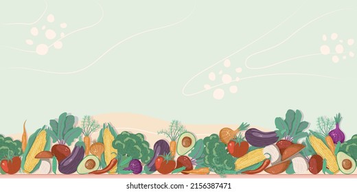 Vector assortment of fresh organic vegetables avocado, broccoli, green pea pods, corn, mushrooms, onions, beet on light background, close up. Place for text. Banner, landing page.