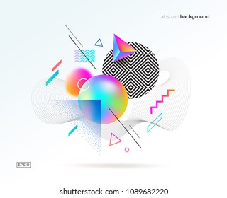 Vector astract design with different geometric, 3d, linear and stipple shapes. Abstract multicolored composition.