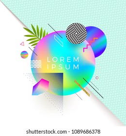 Vector astract design with multicolored gradient banner for text or message and different geometric, linear and stipple shapes. Abstract multicolored composition.
