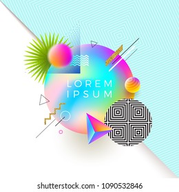 Vector astract design with multicolored gradient banner for text or message and different geometric, linear and stipple shapes. Abstract multicolored composition.