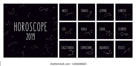 Vector astrological horoscope design with symbols and signs of Zodiac, constellations, stars. Unique hand drawn design for banners.