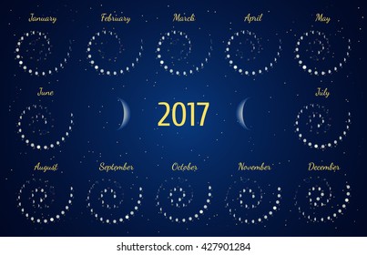 Vector astrological spiral calendar for 2017. Moon phase calendar in the night starry sky. Creative lunar calendar ideas for your design