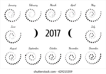Vector astrological spiral calendar for 2017. Lunye phase calendar for dark gray on a white background. Creative lunar calendar ideas for your design