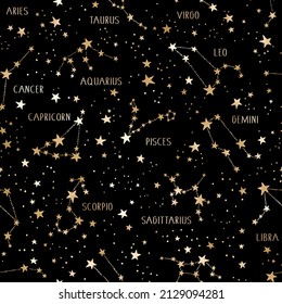 Patrón transparente negro de astrología vectorial con cantos de zodiaco dorado, constelaciones y estrellas. Símbolos dorados del horóscopo fondo espacial