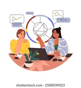 Vector astrology consulting or service illustration. Woman reading zodiac sign or horoscope for fortune foretell or prediction. Astrologer future reading or cosmos analysis. Astrological natal theme