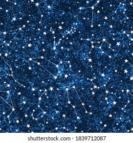 Vector astrology dark blue textured seamless pattern with zodiac sings, constellations and stars. Horoscope symbols space background