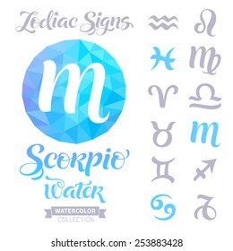 Vector astrology illustrations of the zodiac signs with geometric elements. Calligraphic inscription: Scorpio, Water