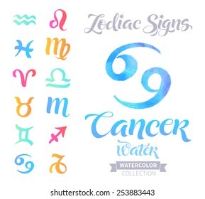 Vector astrology illustrations of the zodiac signs with watercolor elements. Calligraphic inscription: Cancer, Water