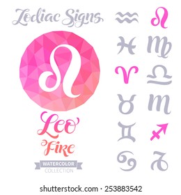 Vector astrology illustrations of the zodiac signs with geometric elements. Calligraphic inscription: Leo, Fire