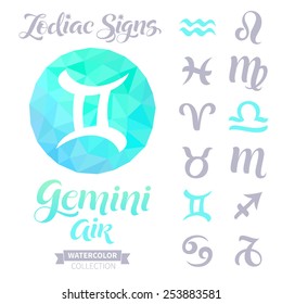 Vector astrology illustrations of the zodiac signs with geometric elements. Calligraphic inscription: Gemini, Air