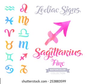 Vector astrology illustrations of the zodiac signs with watercolor elements. Calligraphic inscription: Sagittarius, Fire