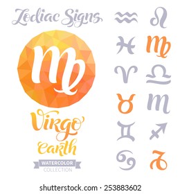 Vector astrology illustrations of the zodiac signs with geometric elements. Calligraphic inscription: Virgo, Earth