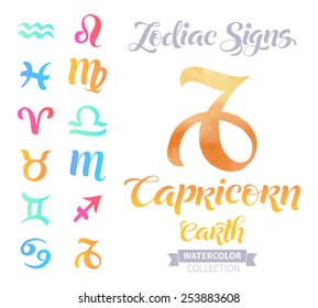 Vector astrology illustrations of the zodiac signs with watercolor elements. Calligraphic inscription: Capricorn, Earth