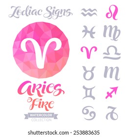 Vector astrology illustrations of the zodiac signs with geometric elements. Calligraphic inscription: Aries, Fire