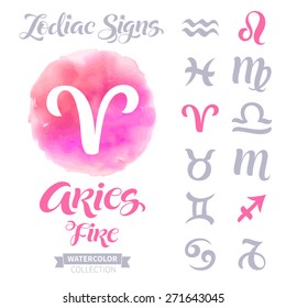 Vector astrology illustrations of the zodiac signs with watercolor elements. Calligraphic inscription: Aries, Fire