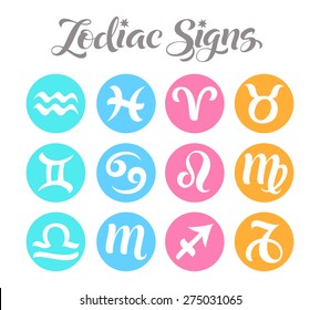Vector astrology illustrations of the zodiac signs. Colorful calligraphic inscription