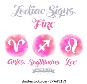 Vector astrology illustrations of the zodiac signs with watercolor texture. Calligraphic inscription, Fire: Aries, Sagittarius, Leo