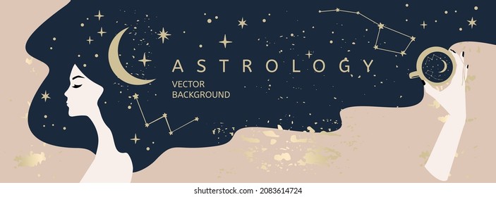 Vector astrology and mystical banner template. Woman face with long hair and hand holding the cup of coffee, gold stars and moon symbols