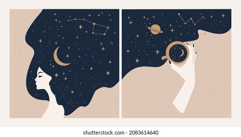 Vector astrology and mystical cards or banner template. Woman face with long hair and hand holding the cup of coffee, gold stars and moon symbols