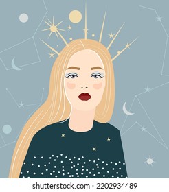 astrología vectorial y tarjetas místicas o plantilla de banner. La mujer se enfrenta con el pelo largo, las estrellas doradas y los símbolos de la luna. Símbolos mágicamente astronómicos. Adecuado para empresas estatales en otoño o invierno