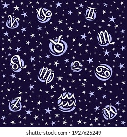 Vector Astrology Seamless Pattern, square repeating zodiac background with astrology symbols, illustrations of twelve zodiac signs and cartoon design stars for horoscope prediction on blue background.