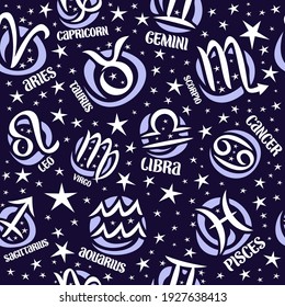 Vector Astrology Seamless Pattern, square repeating zodiac background with astrology symbols, illustrations of twelve zodiac signs and cartoon design stars for horoscope prediction on blue background.