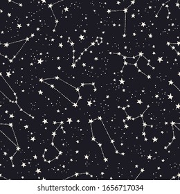 Vector astrology seamless pattern with zodiac sings, constellations and stars. Horoscope symbols space background