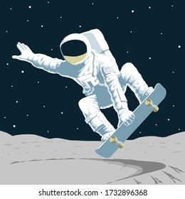 Vector Astronaut with american flag chevron on spacesuit riding a skateboard in the crater bowl on the bright side of the Moon Performs the trick indy grab lien crossbone frontside