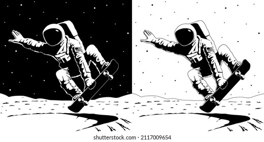 Vector Astronaut with american flag chevron on spacesuit riding a skateboard in the crater bowl on the bright side of the Moon Performs the trick indy grab lien crossbone frontside