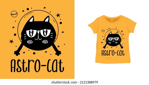 Gato y eslogan vectorial astronauta para impresiones de productos textiles e industriales. Para camisetas y afiches para niños.