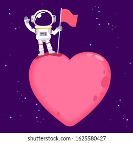 Vector astronaut character standing on pink heart shape planet with a flag 