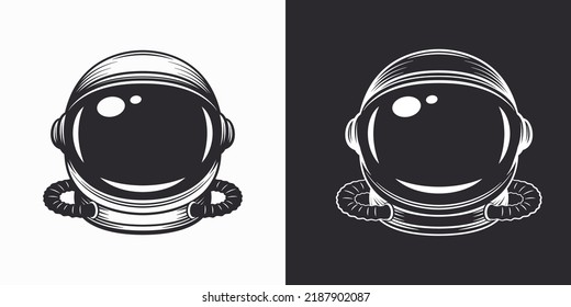 Conjunto de casco de Astronauta vectorial, Máscara de cosmonauta monocroma blanco y negro para exploración espacial aislada. Pieza apropiada para la protección de la cabeza del hombre espacial. Plantilla de diseño de casco espacial