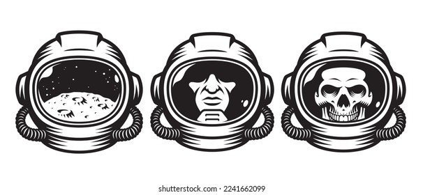 Vector astronaut helmets set on white background such as face astronaut, skull, moon reflection