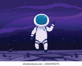 Astronauta vectorial con personajes de caricatura humana aterrizando en el planeta