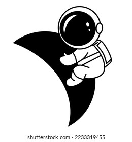 vector astronaut is on the crescent moon in black and white