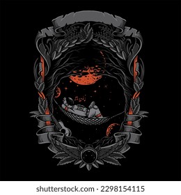 vector astronaut relaxing looking at the sky surrounded by frames and ribbons
