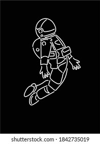 Vector astronaut silhouette. Neon sign glowing tubes style. White drawing on black background. Neon lights design 