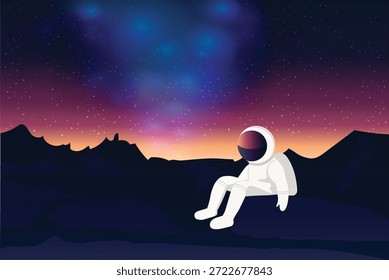 Vector astronaut sitting on a rocky cliff, resting under a vast, star-filled sky. The soft twilight paints colors across the dark night sky