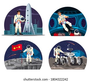 Vector astronaut spaceship isolated scene set. Smiling man in spacesuit standing with helmet in hand by rocket cosmic ship, levitating inside shuttle, putting flag on moon surface, checking moon rover