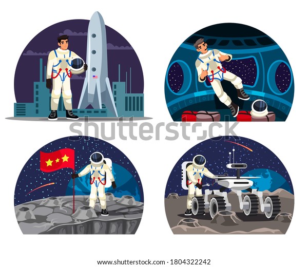 Vector astronaut spaceship isolated scene set.\
Smiling man in spacesuit standing with helmet in hand by rocket\
cosmic ship, levitating inside shuttle, putting flag on moon\
surface, checking moon\
rover
