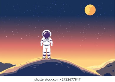 Astronauta vetorial parado sozinho em um planeta alienígena em um planeta distante sob um céu estrelado, simbolizando a exploração