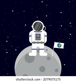vector astronaut standing on the moon. flat illustration of astronaut in spacesuit on gray planet in outer space