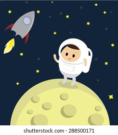 Vector of Astronaut standing on the moon with rocket 