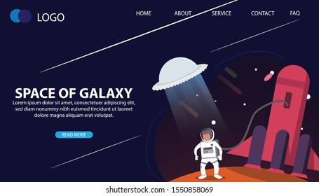 Vector Astronaut Standing on some Planet with the rocket. theme of astronomy. Web Template Concept. Landing Page Concept. Flat Cartoon Vector Illustration