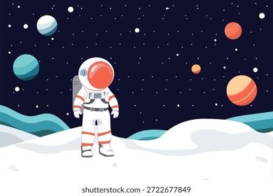 Vektorastronauten auf Weltraumforschung die Galaxie in dunklem Himmel gefüllt mit funkelnden Sternen und bunten umlaufenden Planeten