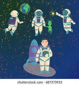 Vector astronauts in space, working character and having fun spaceman galaxy atmosphere system fantasy traveler man.