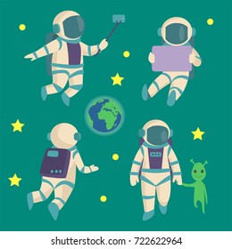 Vector astronauts in space, working character and having fun spaceman galaxy atmosphere system fantasy traveler man.